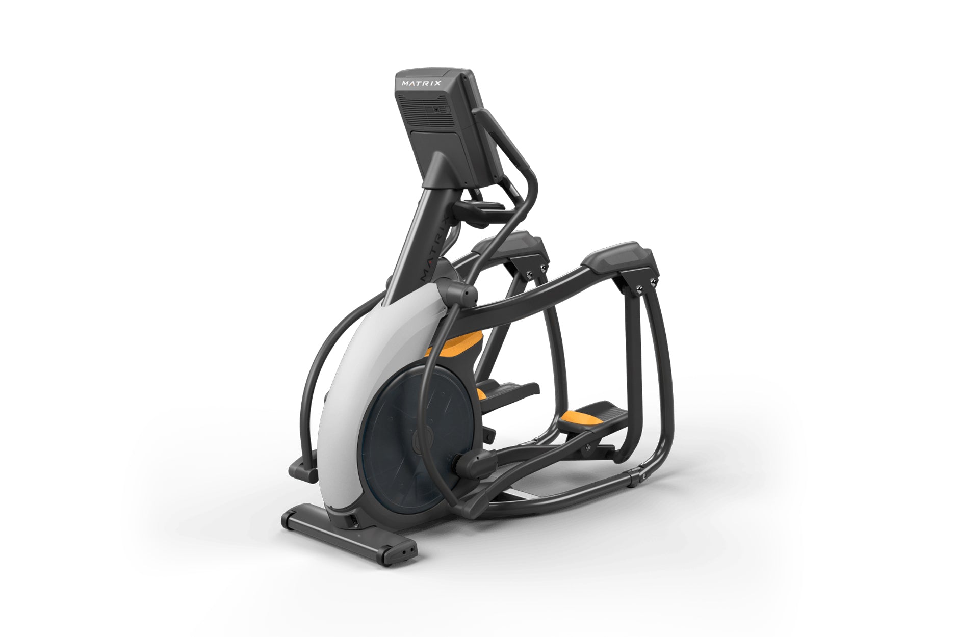 Matrix Performance Ascent Elliptical Trainer with white and black frame, dark display console, orange accents, and foot pedal