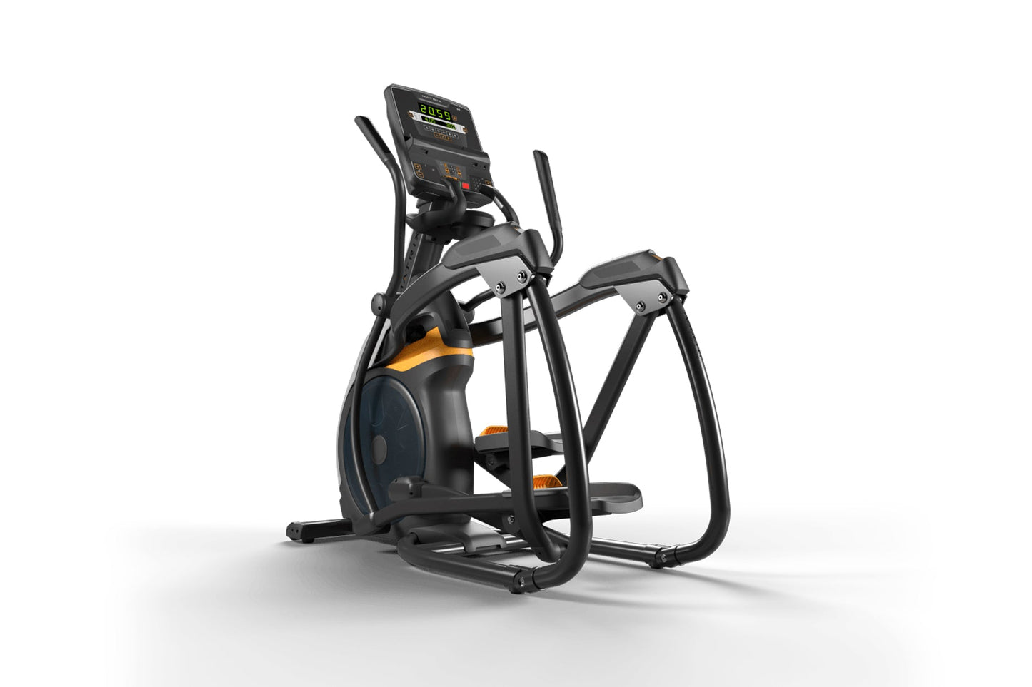 Black and orange elliptical trainer with digital display console, foot pedals, and dual handlebar arms on white background