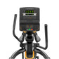 Matrix black elliptical trainer with yellow accents, digital display showing time and calories, dual handlebar grips, and ped