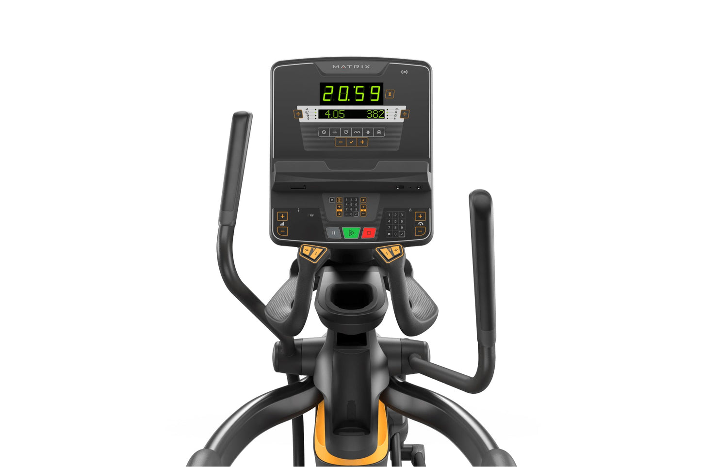 Matrix black elliptical trainer with yellow accents, digital display showing time and calories, dual handlebar grips, and ped