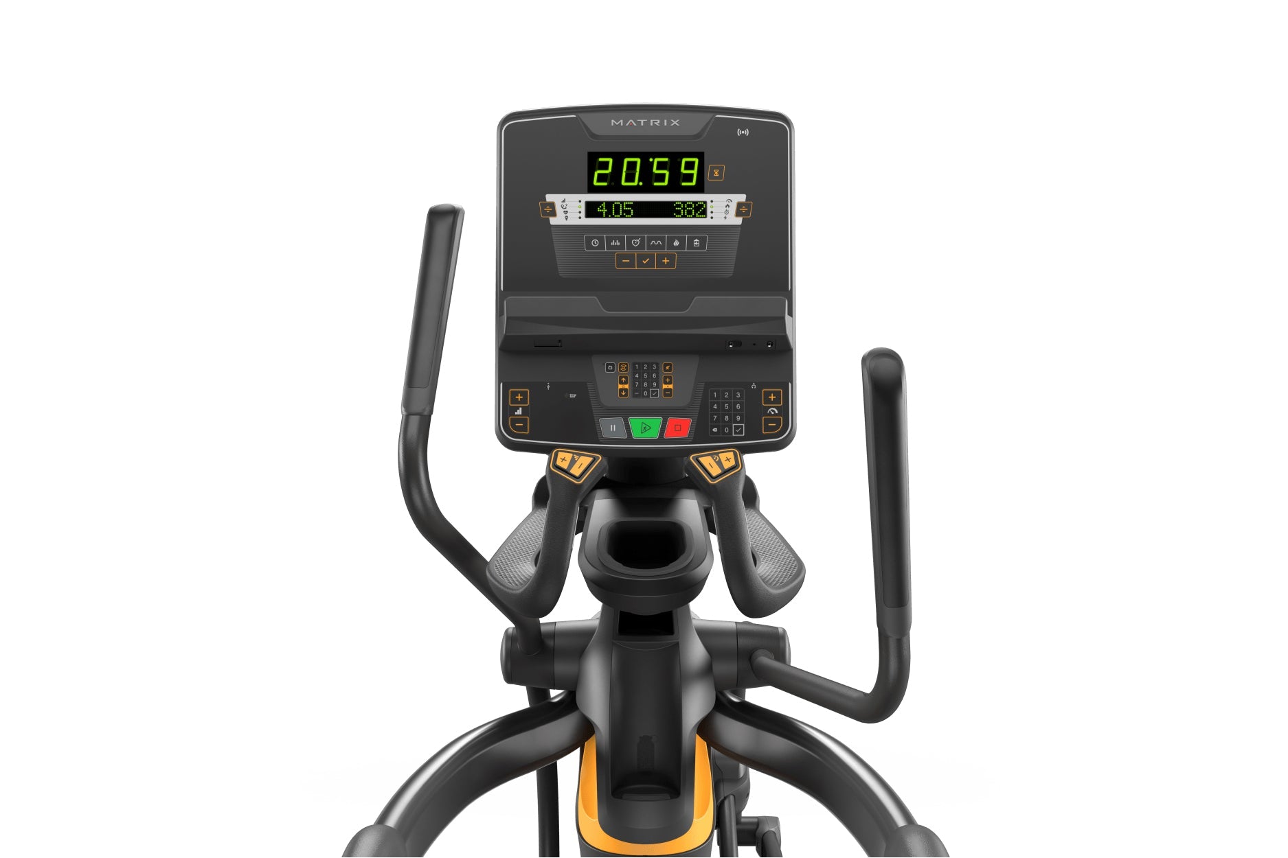 Matrix black elliptical trainer with yellow accents, digital display showing time and calories, dual handlebar grips, and ped