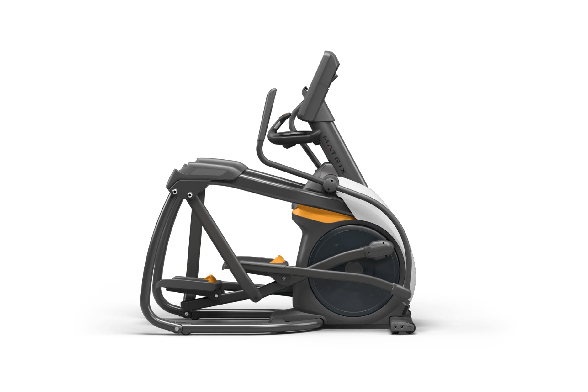 Black and gray elliptical trainer with orange accents, digital display, and movable arms on white background