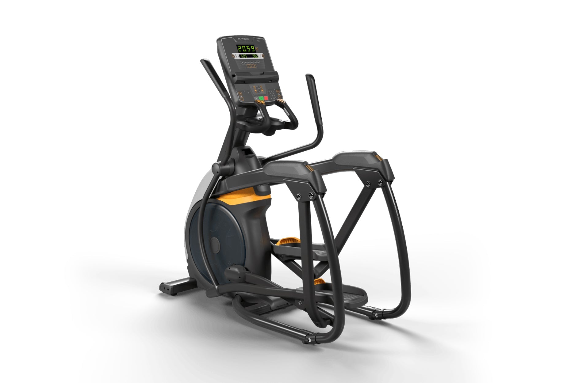 Black and orange elliptical trainer with digital console display, foot pedals, and handlebar grips on white background