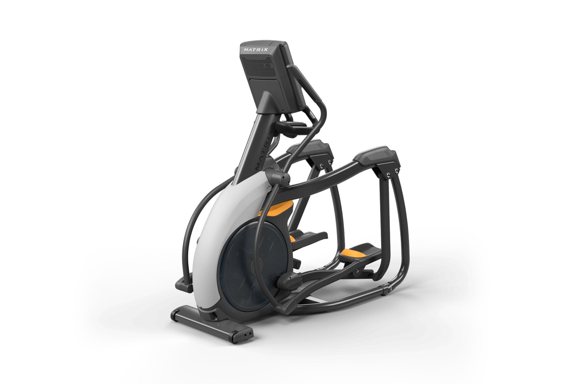 Matrix Performance Ascent Elliptical Trainer with black frame, white console, and orange foot pedals on white background
