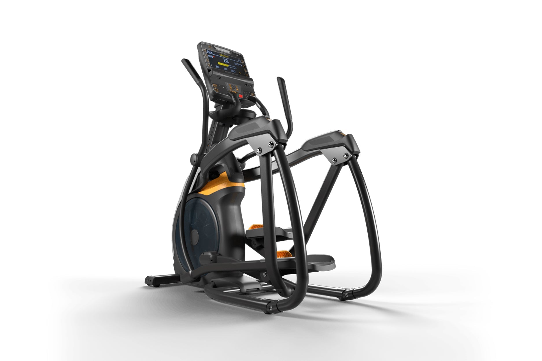 Black and orange elliptical trainer with digital display console, foot pedals, and handlebar arms on white background