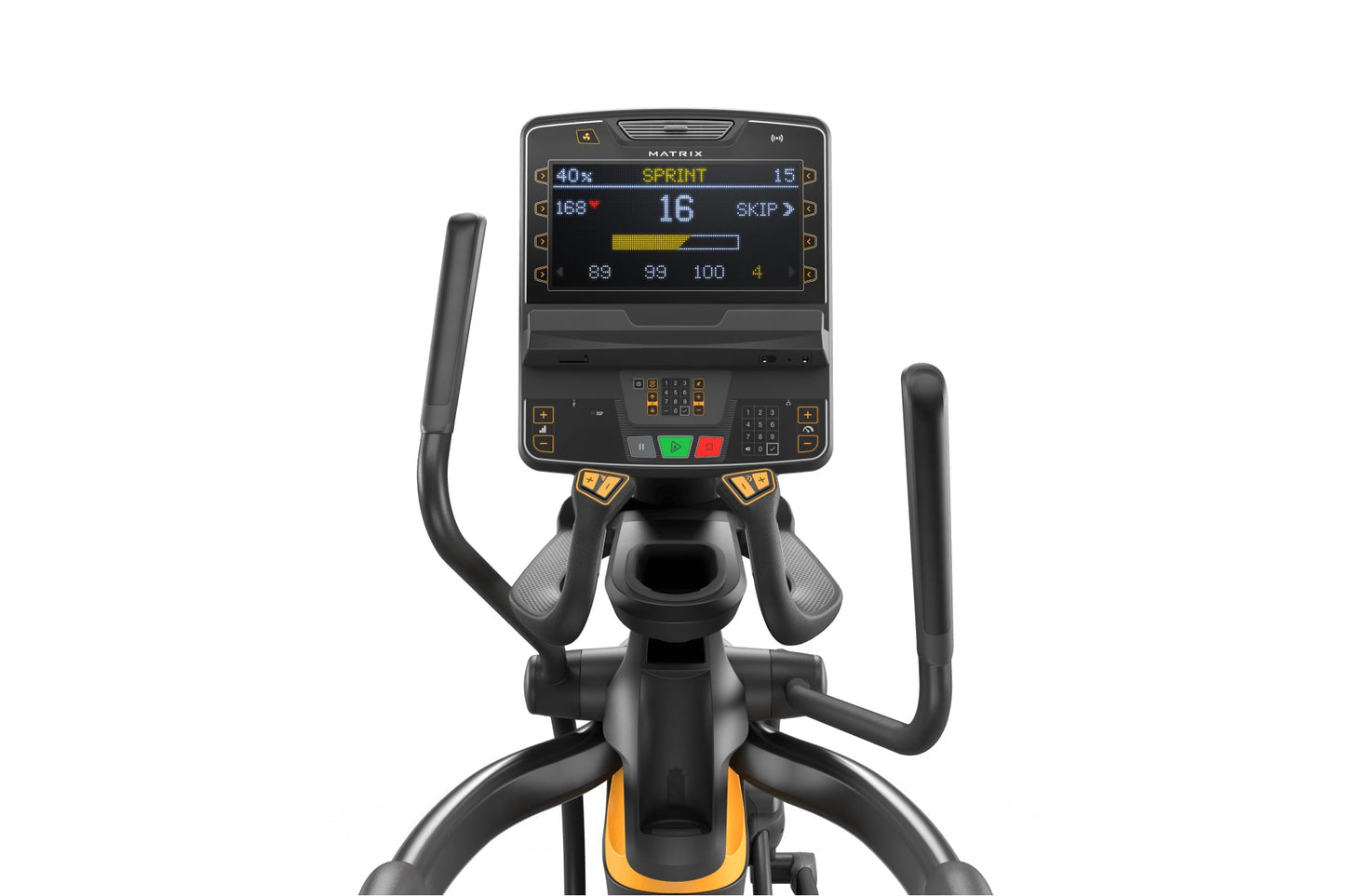 Matrix Performance Ascent Elliptical Trainer with black frame, yellow accents, dual handles, and digital display console show