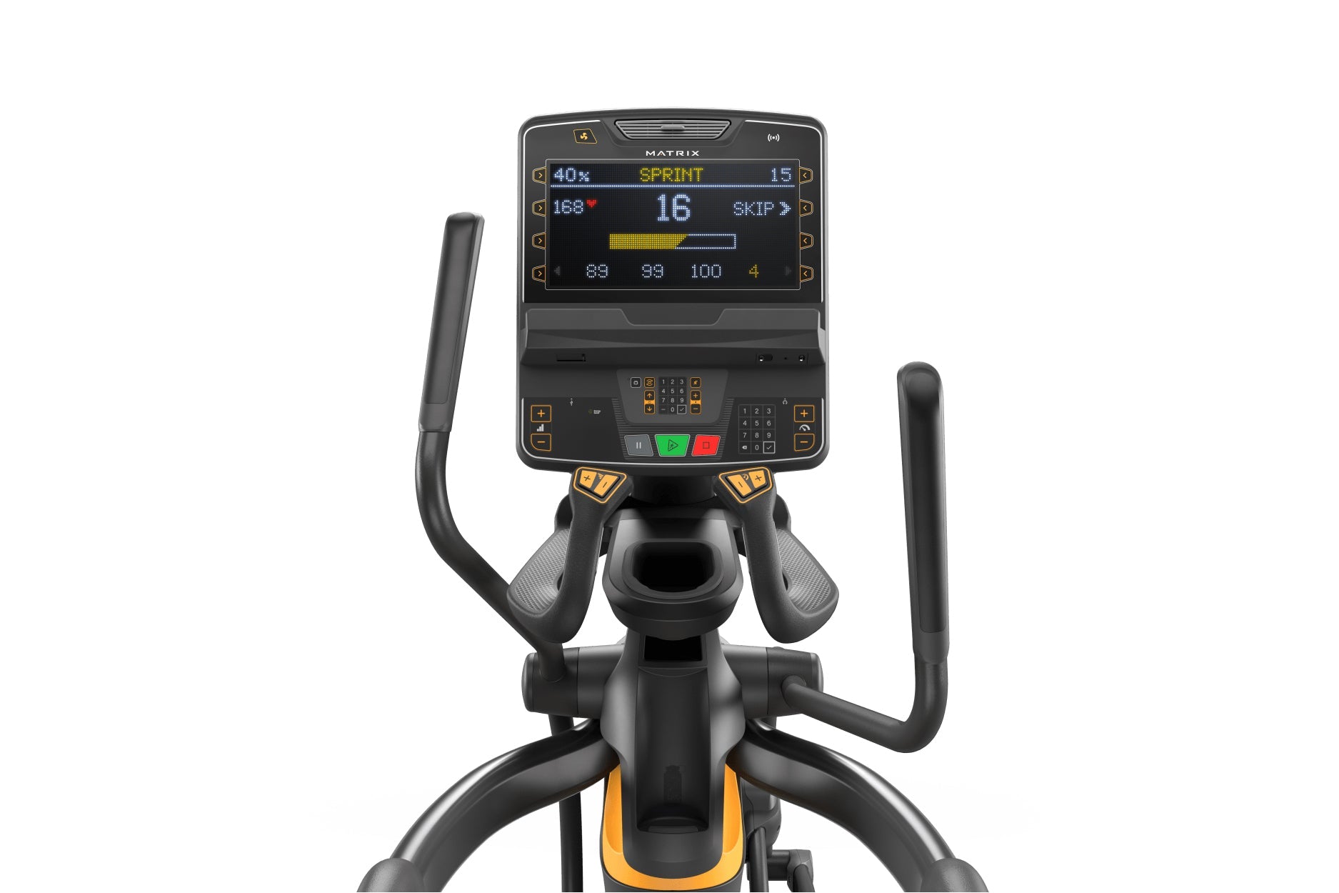 Matrix Performance Ascent Elliptical Trainer with black frame, yellow accents, dual handles, and digital display console show