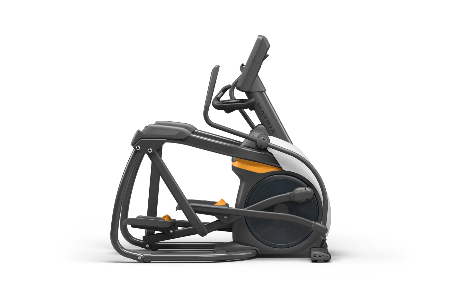 Black and dark gray elliptical trainer with orange accents, featuring adjustable handlebars and foot pedals, on white backgro