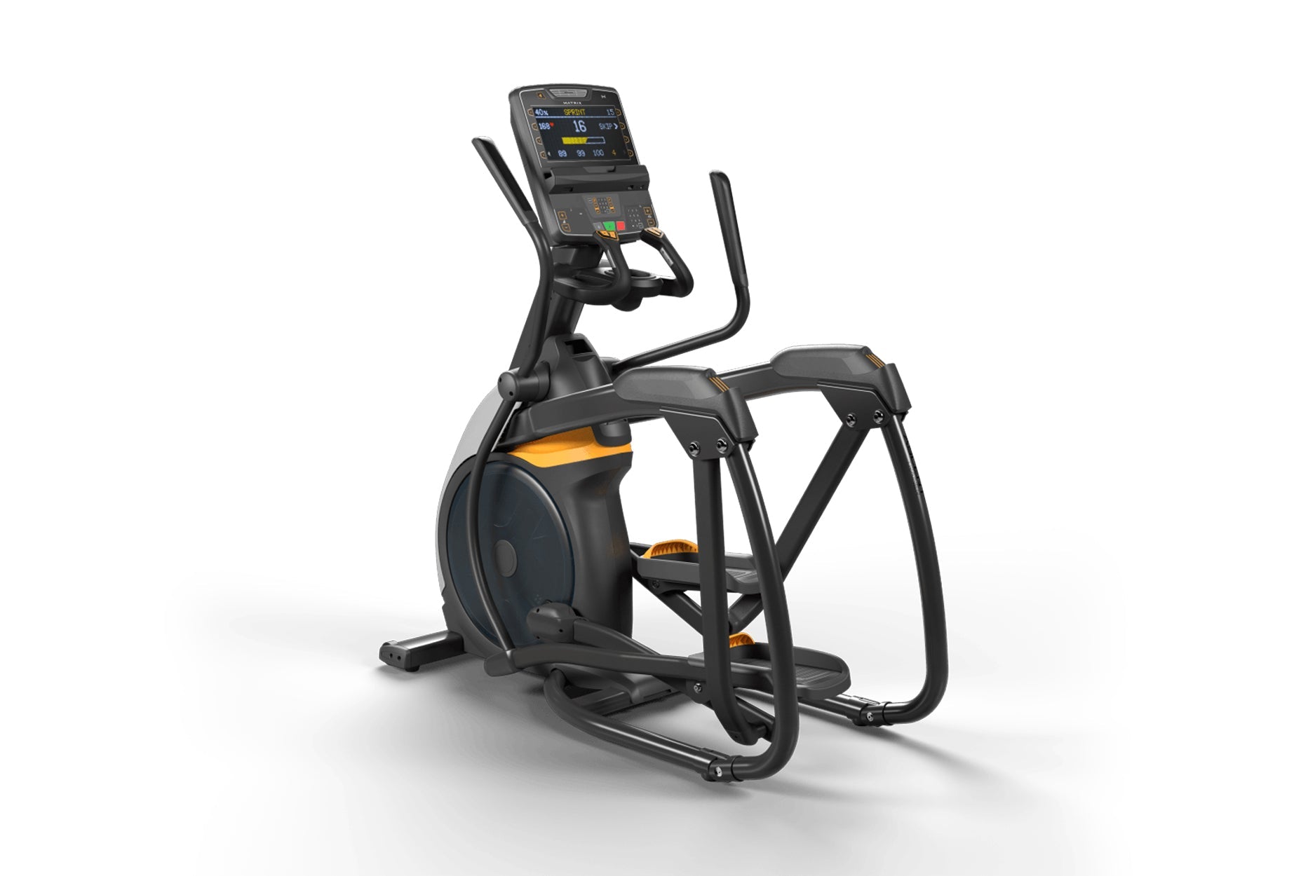 Black and orange elliptical trainer with digital console display, dual handles, and foot pedals on white background