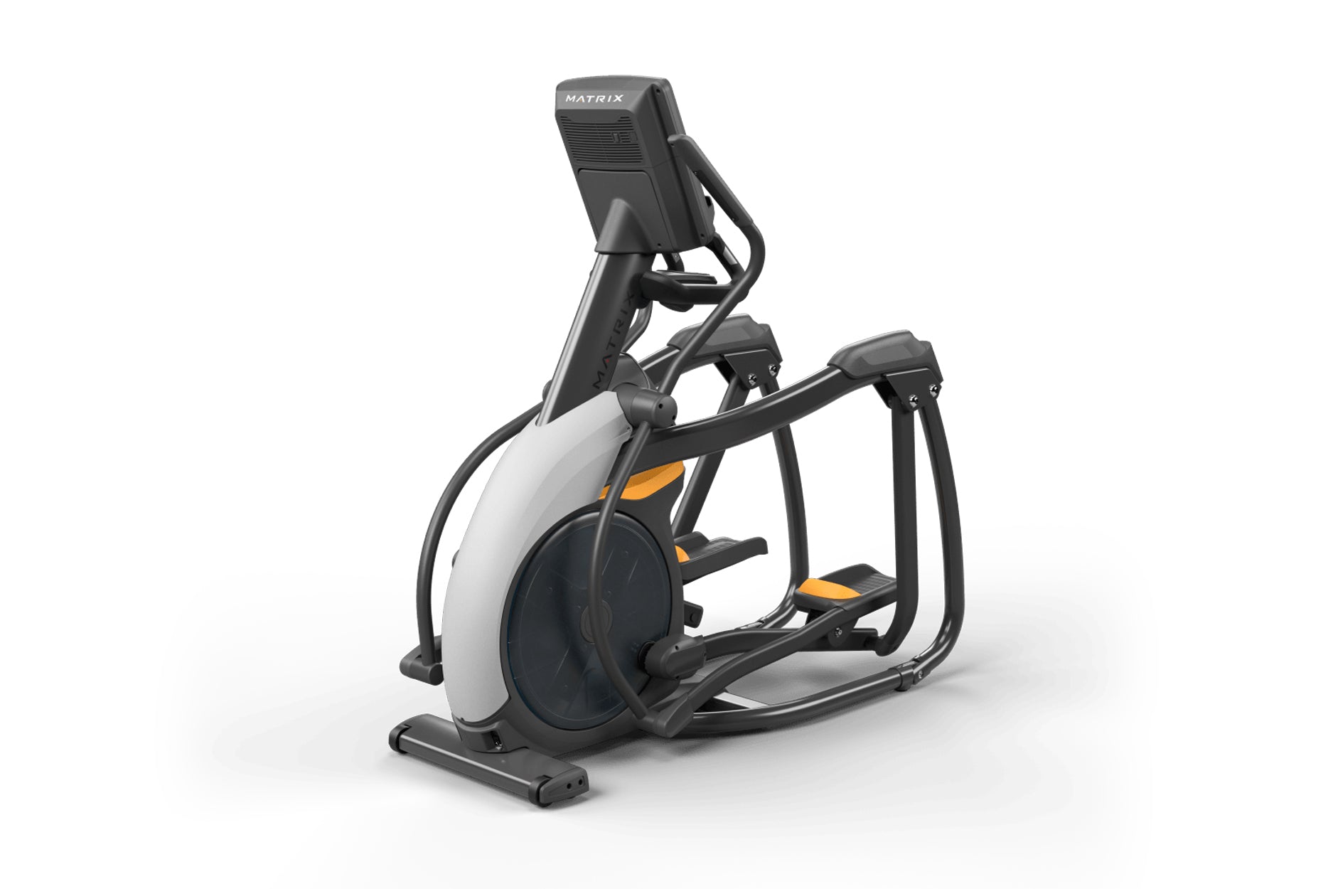 Matrix Performance Ascent elliptical trainer with black frame, white and gray housing, orange accents, and digital display co
