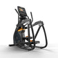 Black and orange elliptical trainer with digital display console, dual handles, and footpads on white background