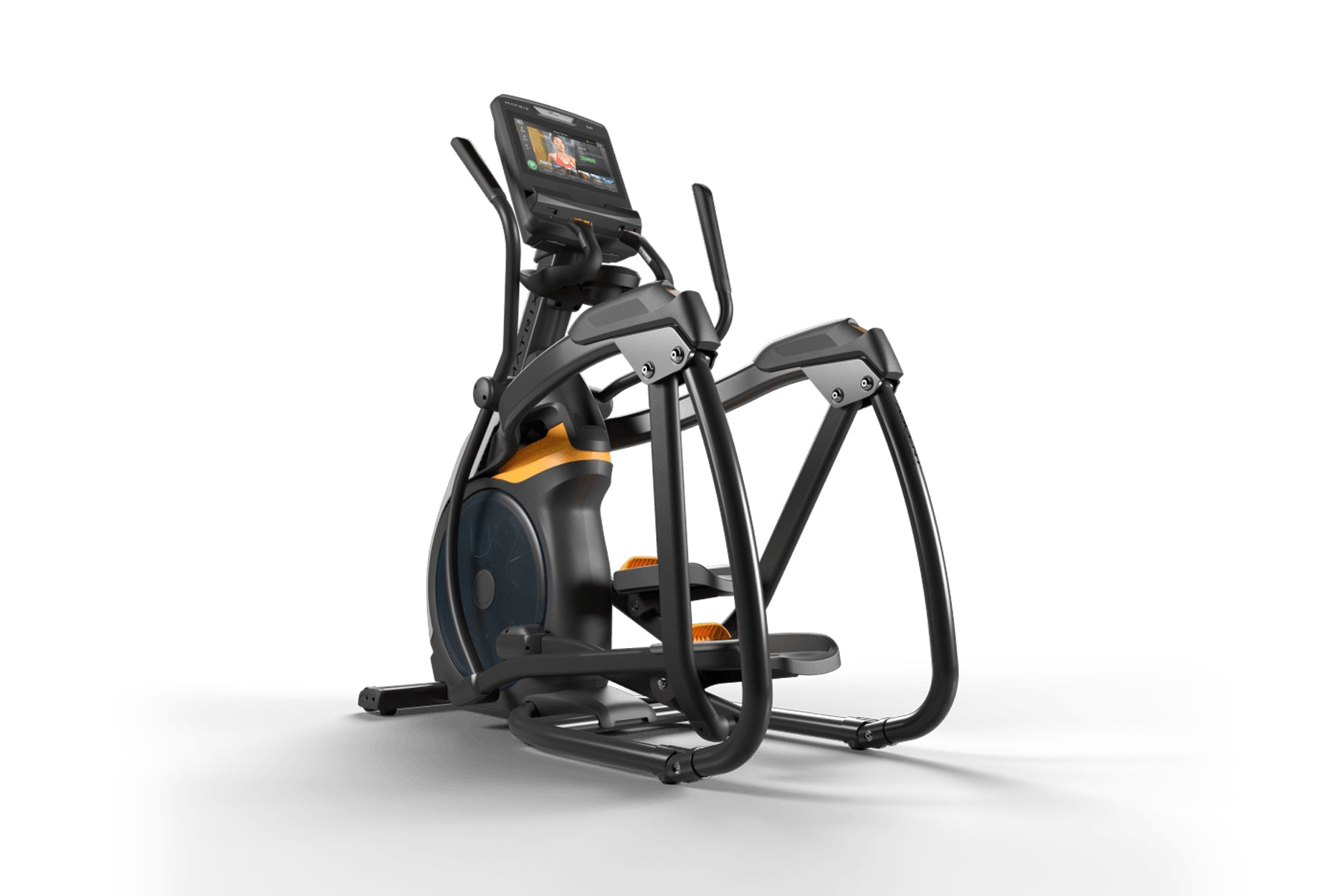 Black and orange elliptical trainer with digital display console, dual handles, and footpads on white background