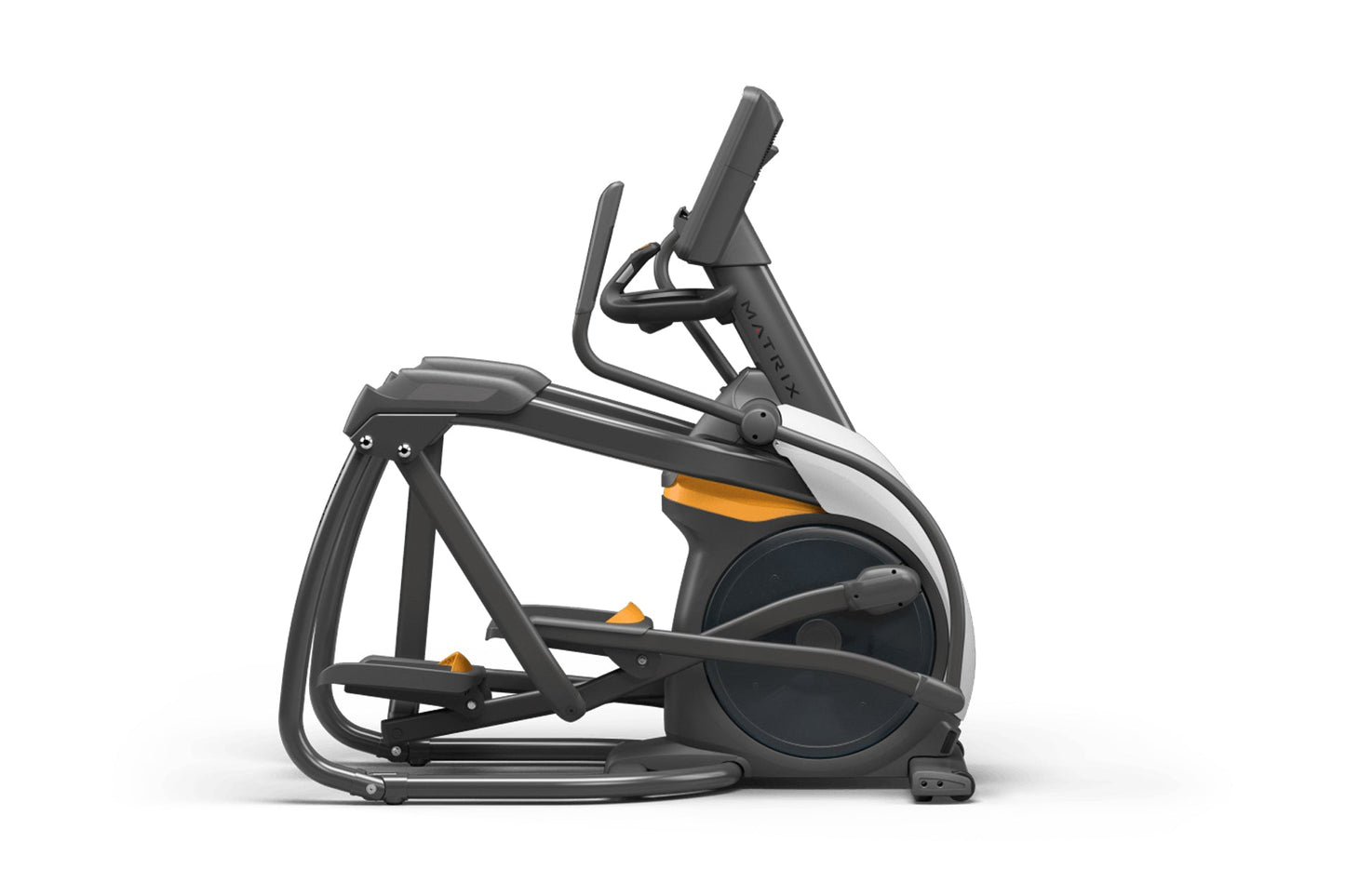 Black and orange elliptical trainer with dual handles and foot pedals on white background