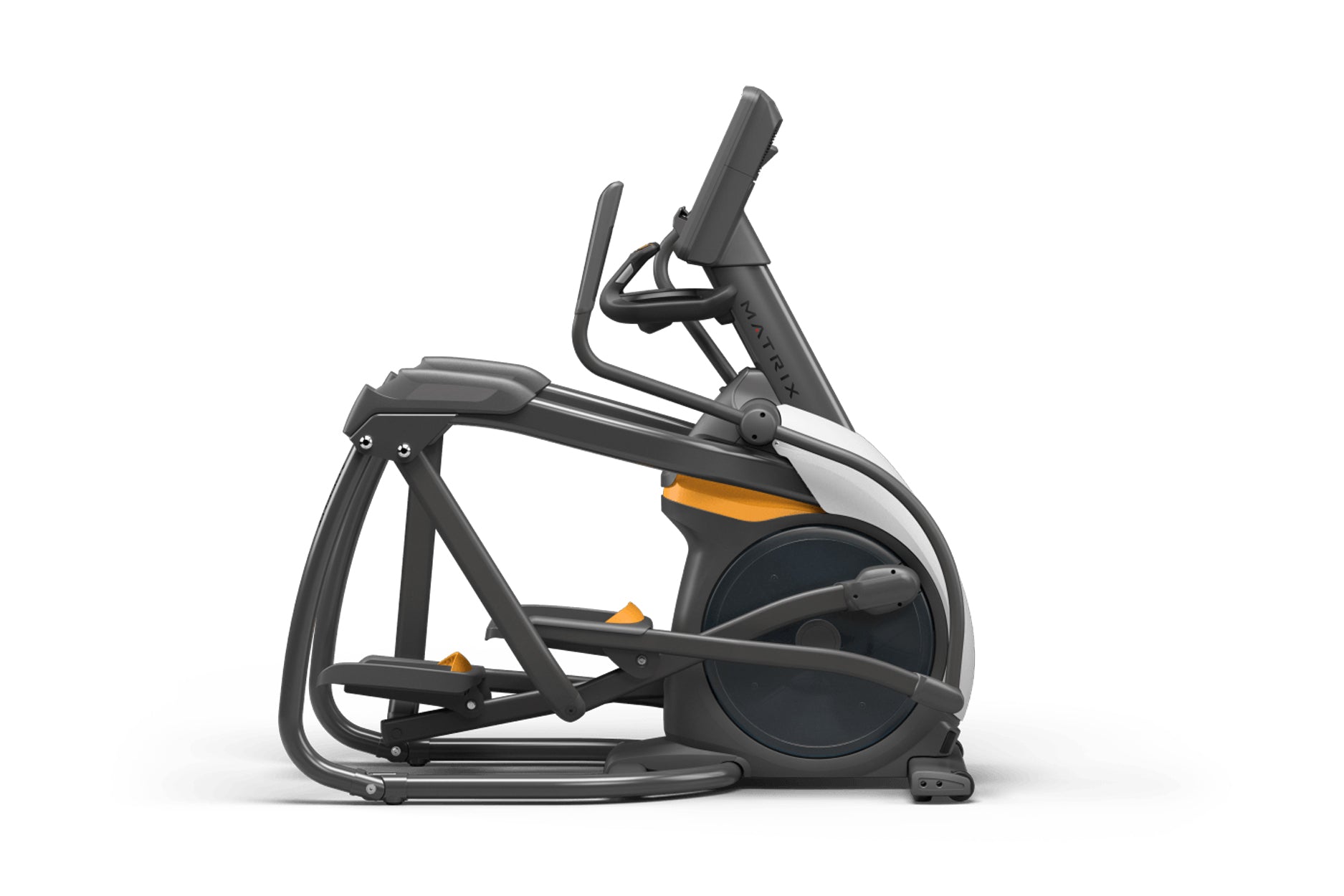Black and orange elliptical trainer with dual handles and foot pedals on white background