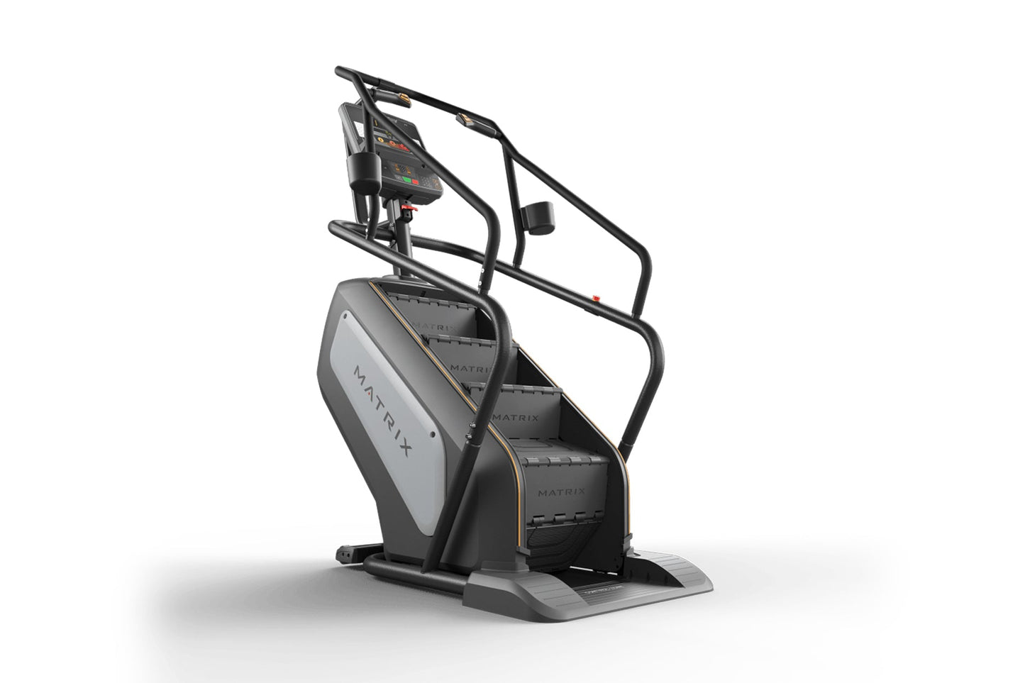 Matrix Performance ClimbMill with black frame, gray accent panel, digital console, and black handrails on white background