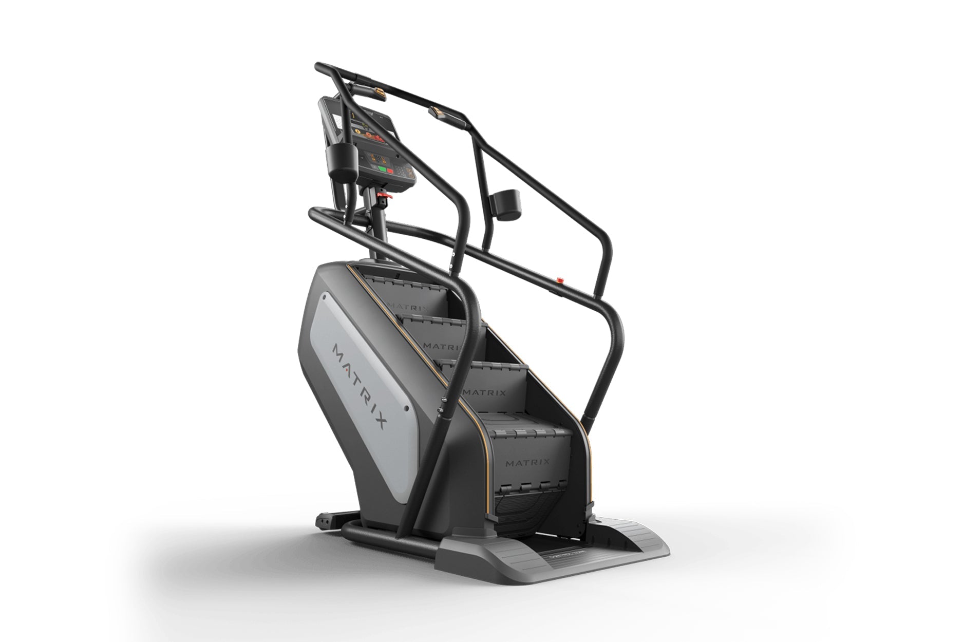 Matrix Performance ClimbMill with black frame, gray accent panel, digital console, and black handrails on white background