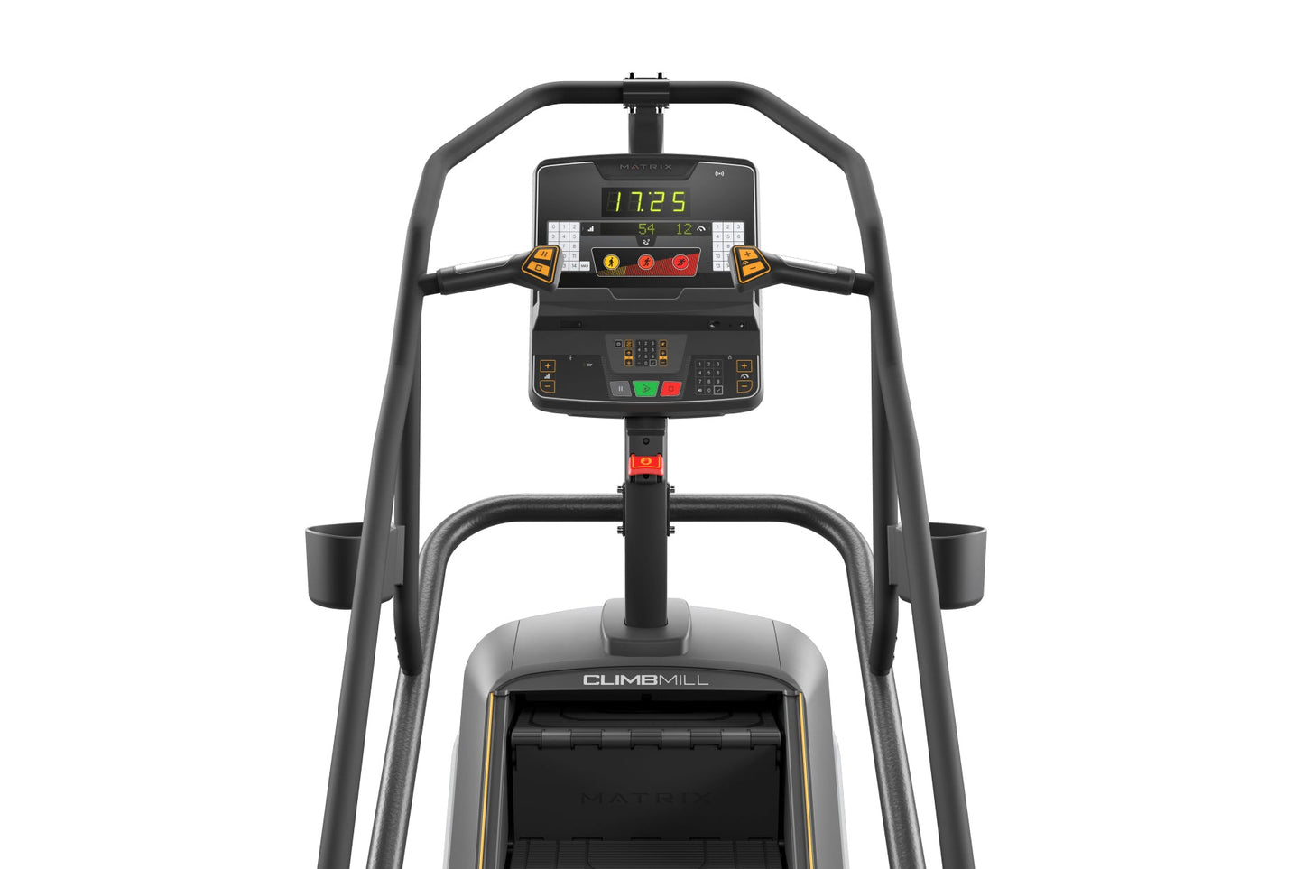 Matrix ClimbMill stair climbing machine with black frame, digital display showing time and metrics, and control console with 