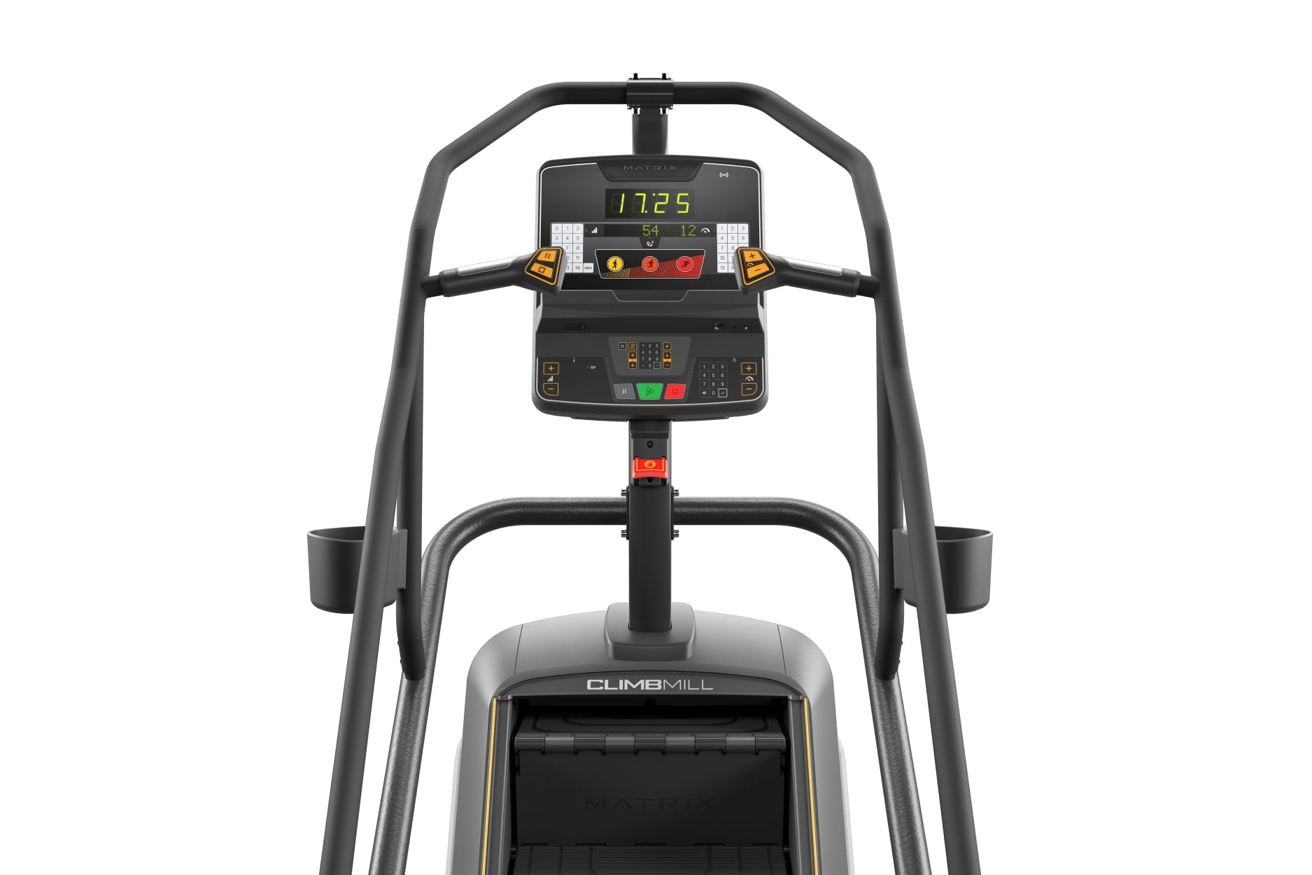 Matrix ClimbMill stair climbing machine with black frame, digital display showing time and metrics, and control console with 