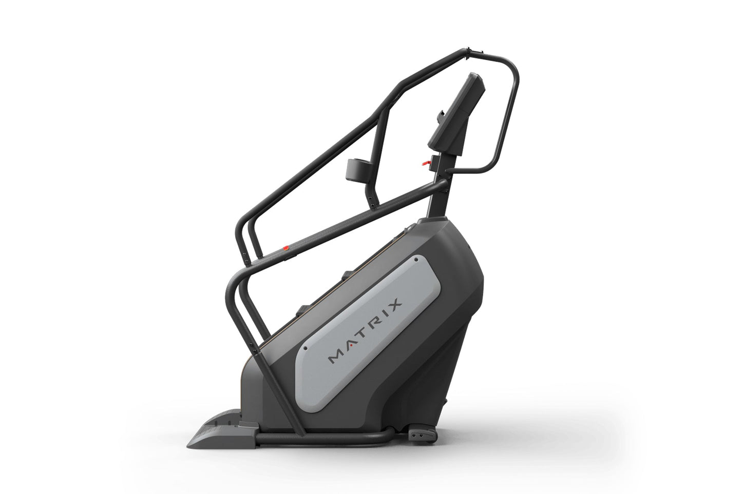 Matrix Performance ClimbMill exercise machine with black frame, gray seat console, and adjustable handlebars on white backgro