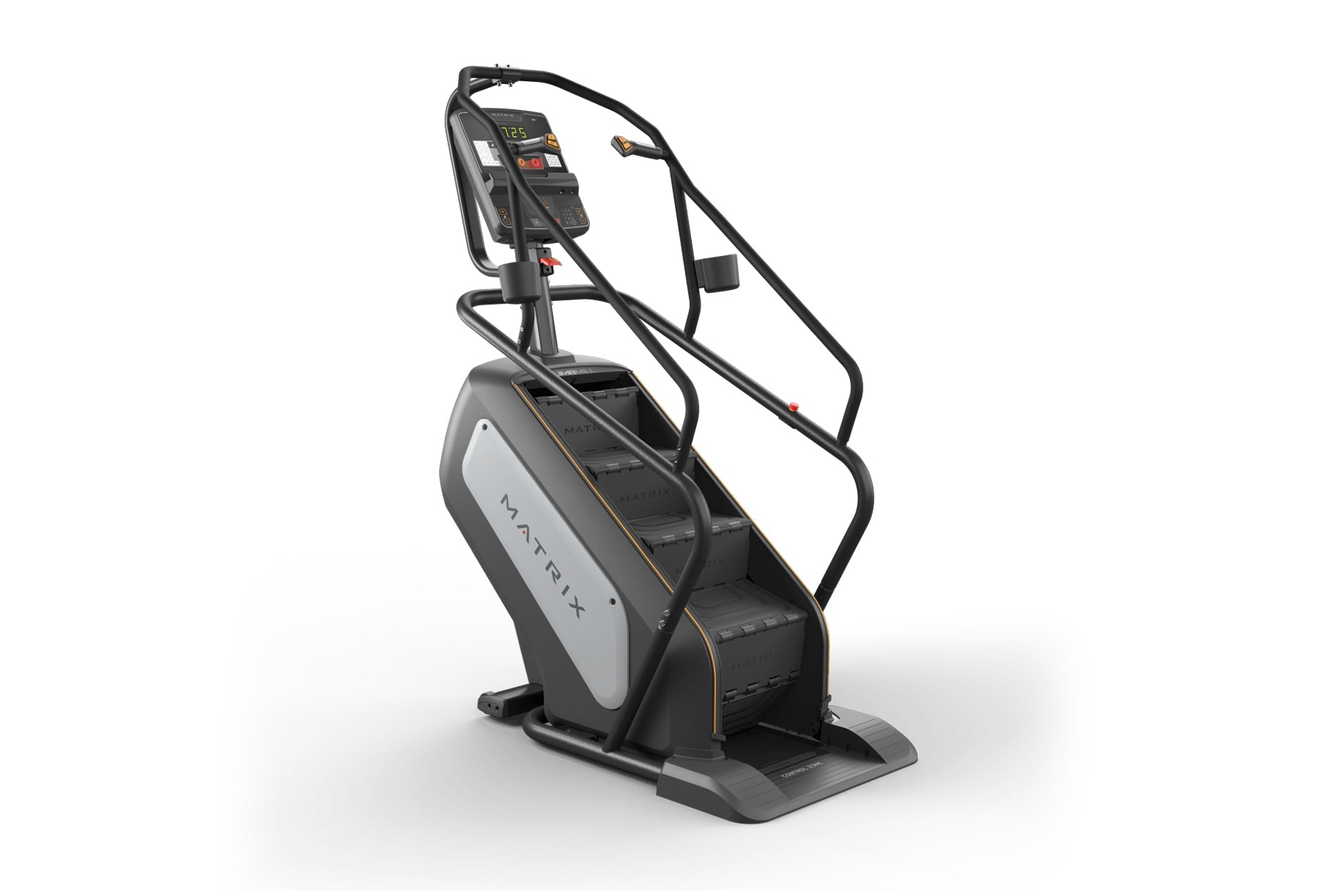 Matrix Performance ClimbMill with black frame, gray panel, digital console displaying metrics, and handrails on white backgro