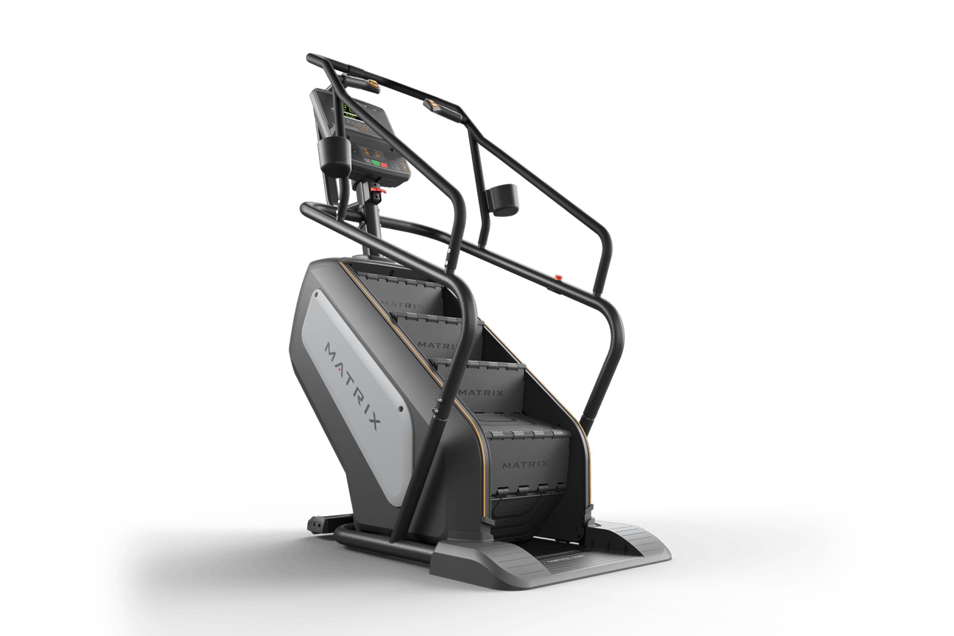 Matrix Performance ClimbMill with black frame, gray base, digital display console, and stair-stepping pedals on white backgro