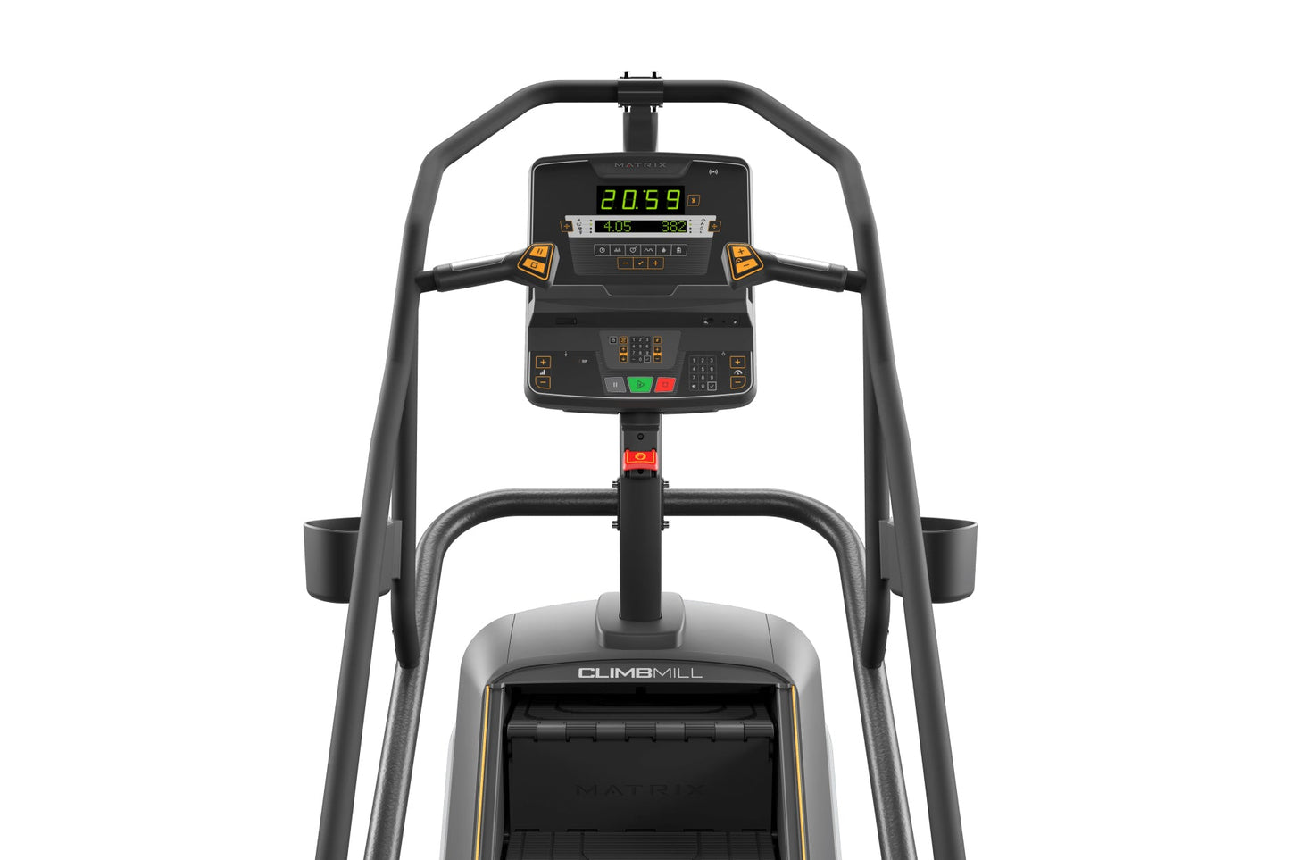 Matrix Performance ClimbMill stair climbing machine with digital display showing time and metrics, black frame with gray hand
