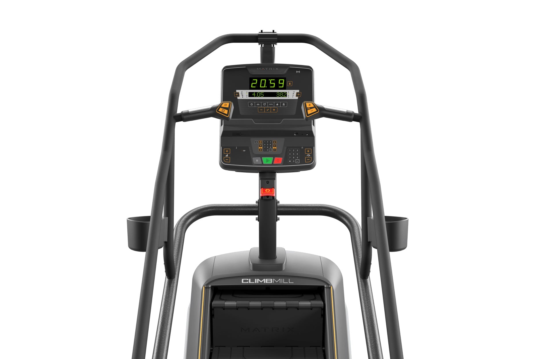 Matrix Performance ClimbMill stair climbing machine with digital display showing time and metrics, black frame with gray hand