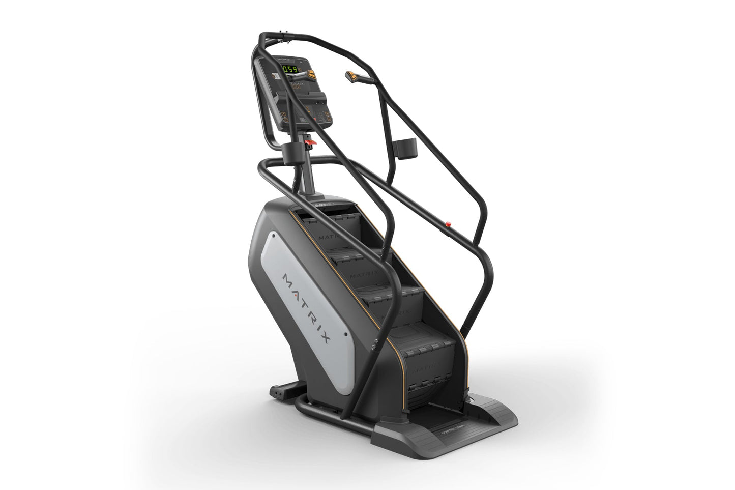 Matrix Performance ClimbMill with black frame, gray and white body panel, digital display console, and dual black handlebar g