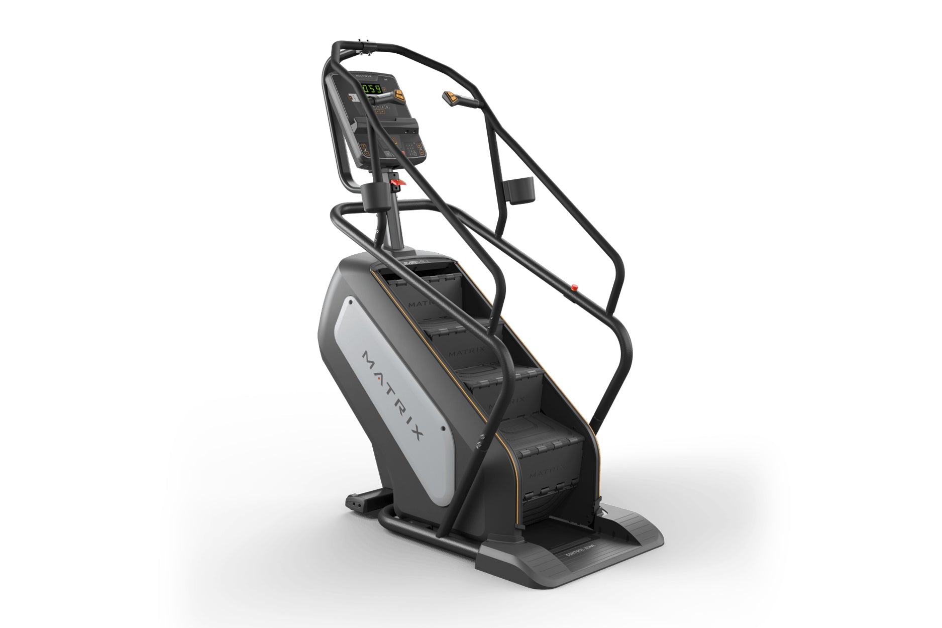 Matrix Performance ClimbMill with black frame, gray and white body panel, digital display console, and dual black handlebar g