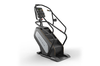 Matrix Performance ClimbMill with black frame, gray and white body panel, digital display console, and dual black handlebar g