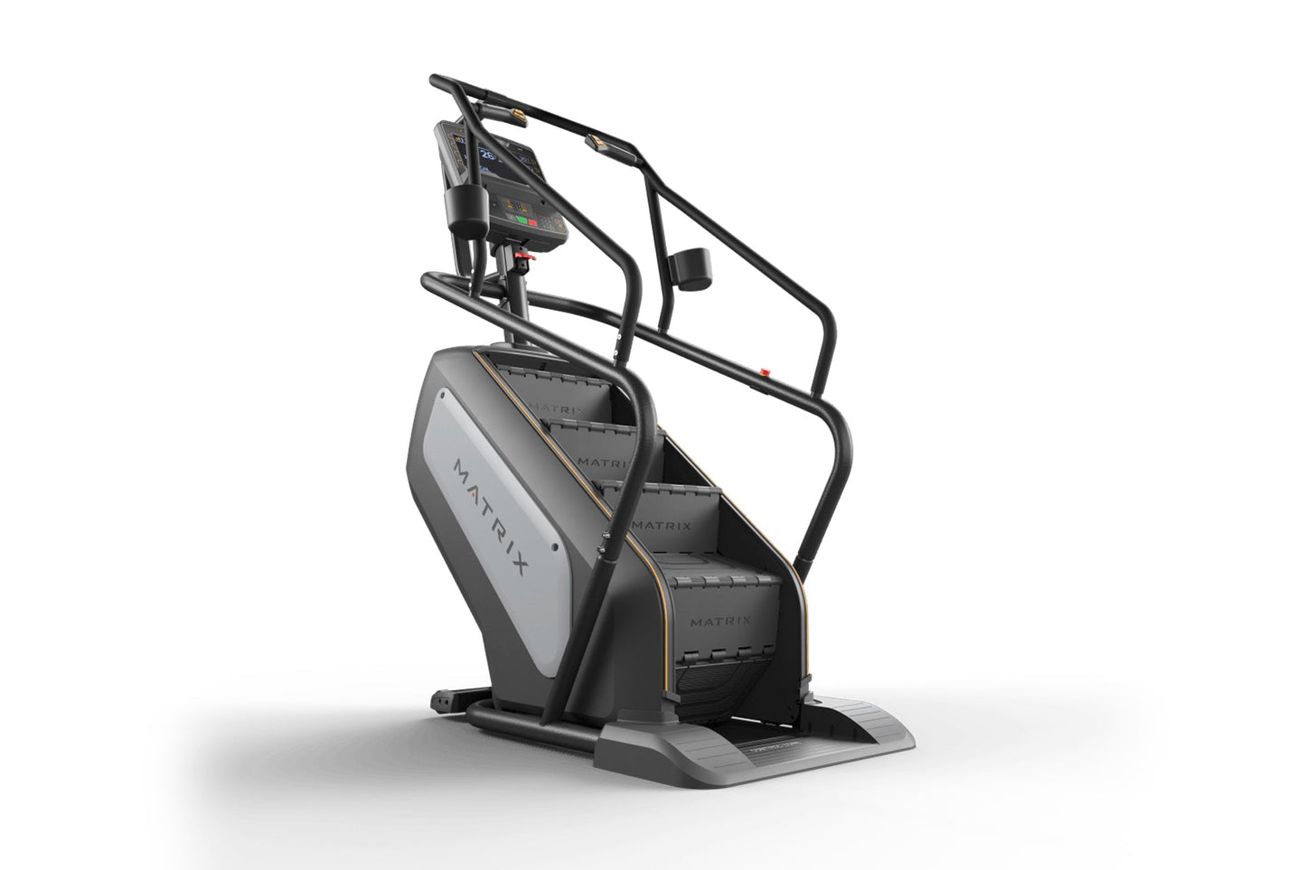 Matrix Performance ClimbMill with black frame, gray console with digital display, and dual handrails on white background