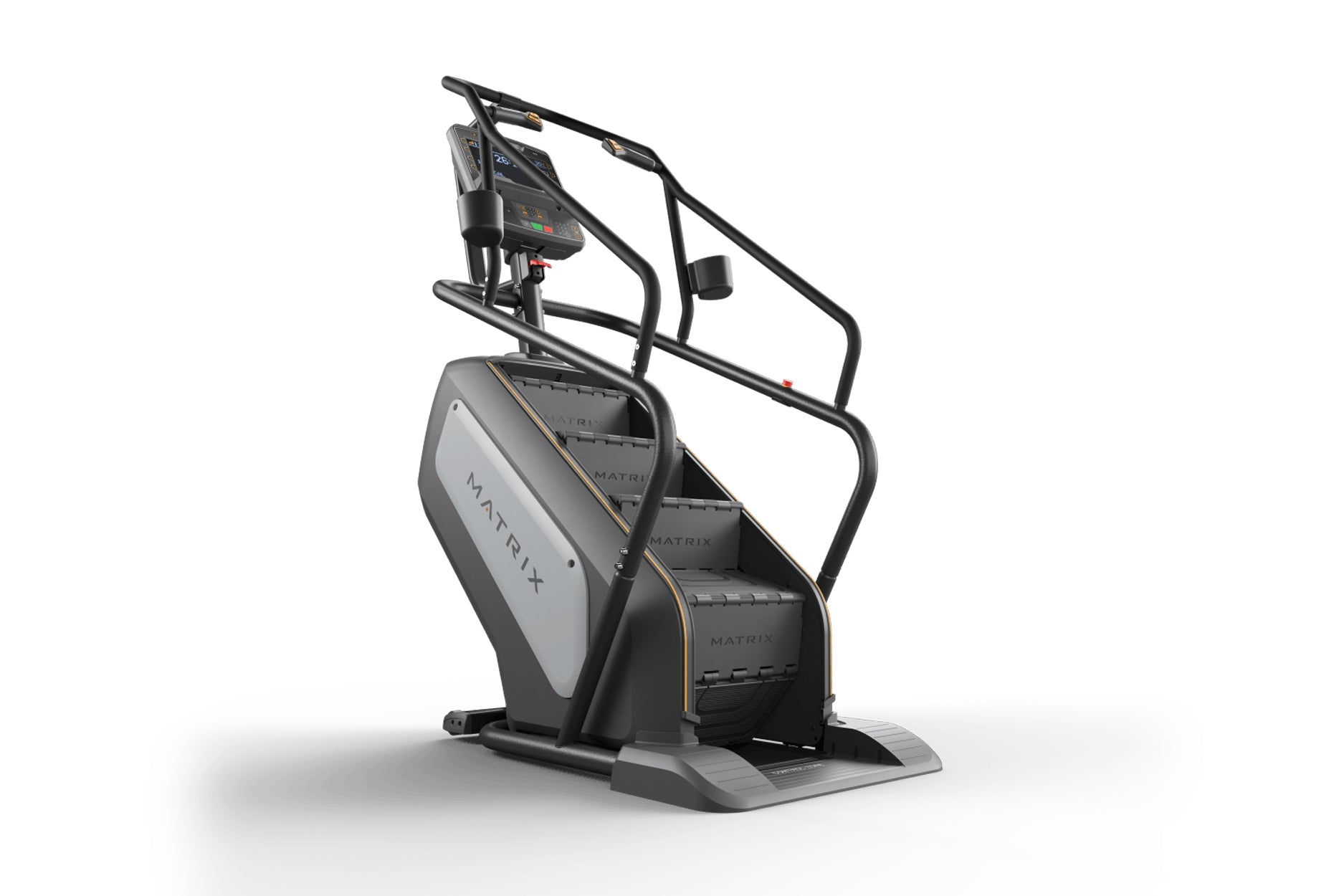 Matrix Performance ClimbMill with black frame, gray console with digital display, and dual handrails on white background