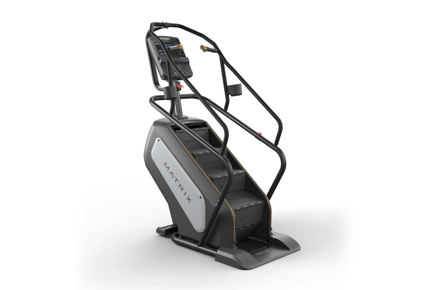 Matrix Performance ClimbMill with black frame, gray panel, digital display console, and dual handles on white background
