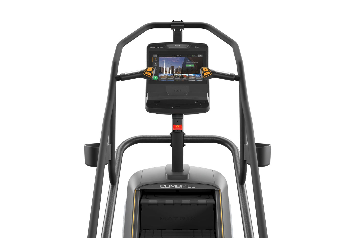 Matrix Performance ClimbMill with black frame, digital touchscreen display, and gray stepping platform on white background