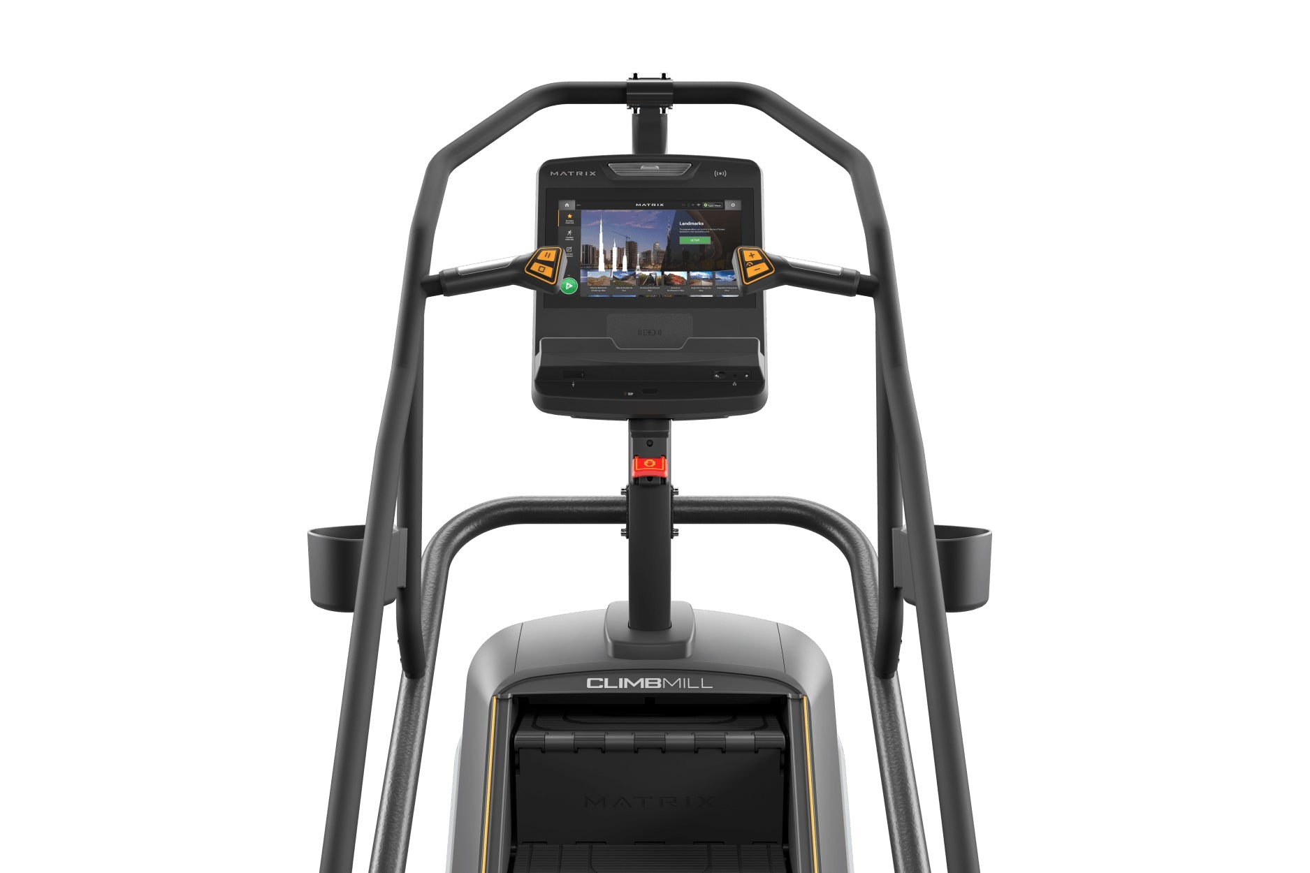 Matrix Performance ClimbMill with black frame, digital touchscreen display, and gray stepping platform on white background