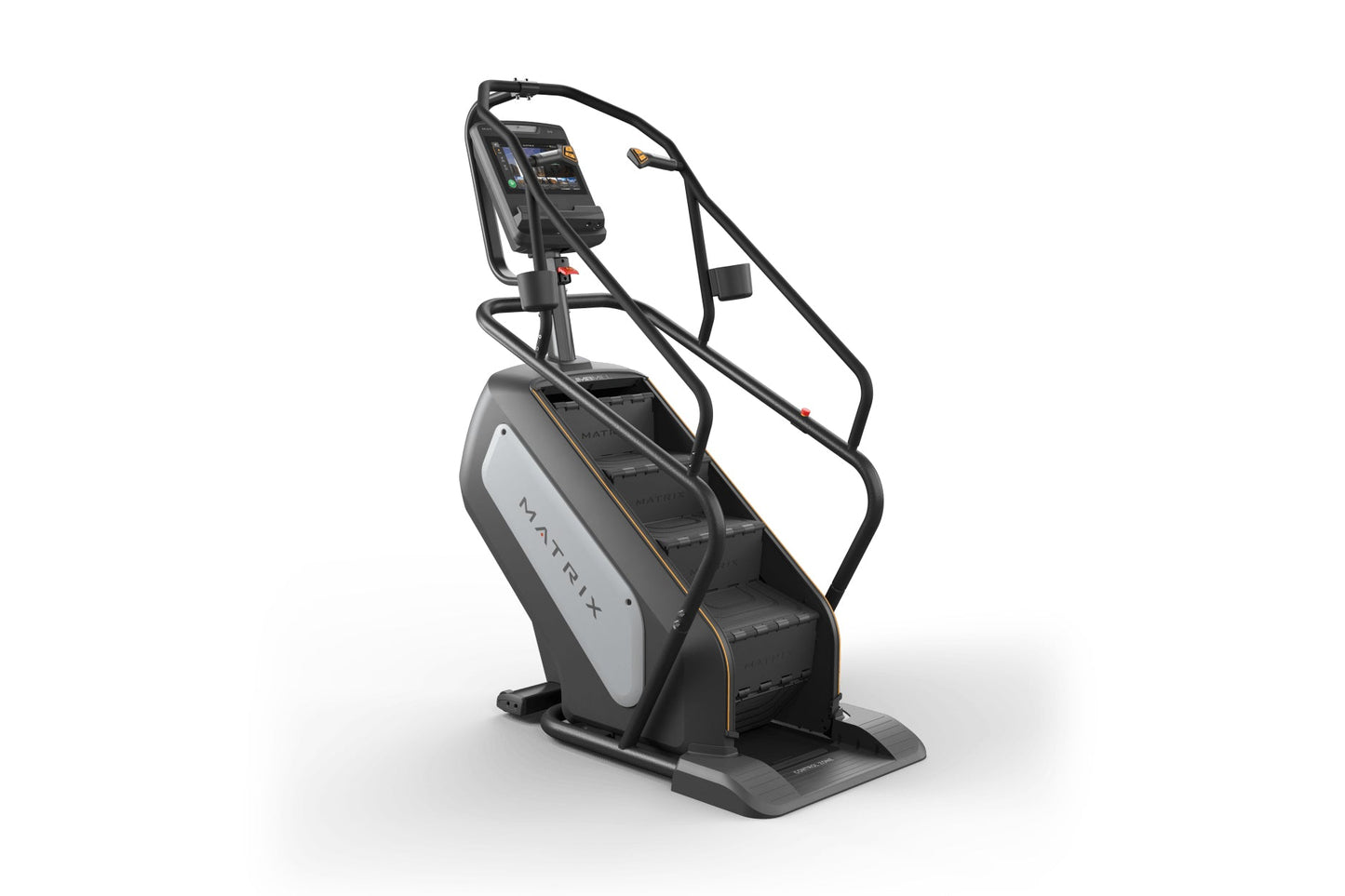 Matrix Performance ClimbMill stair climbing machine with digital display console, black frame, and gray accents on white back