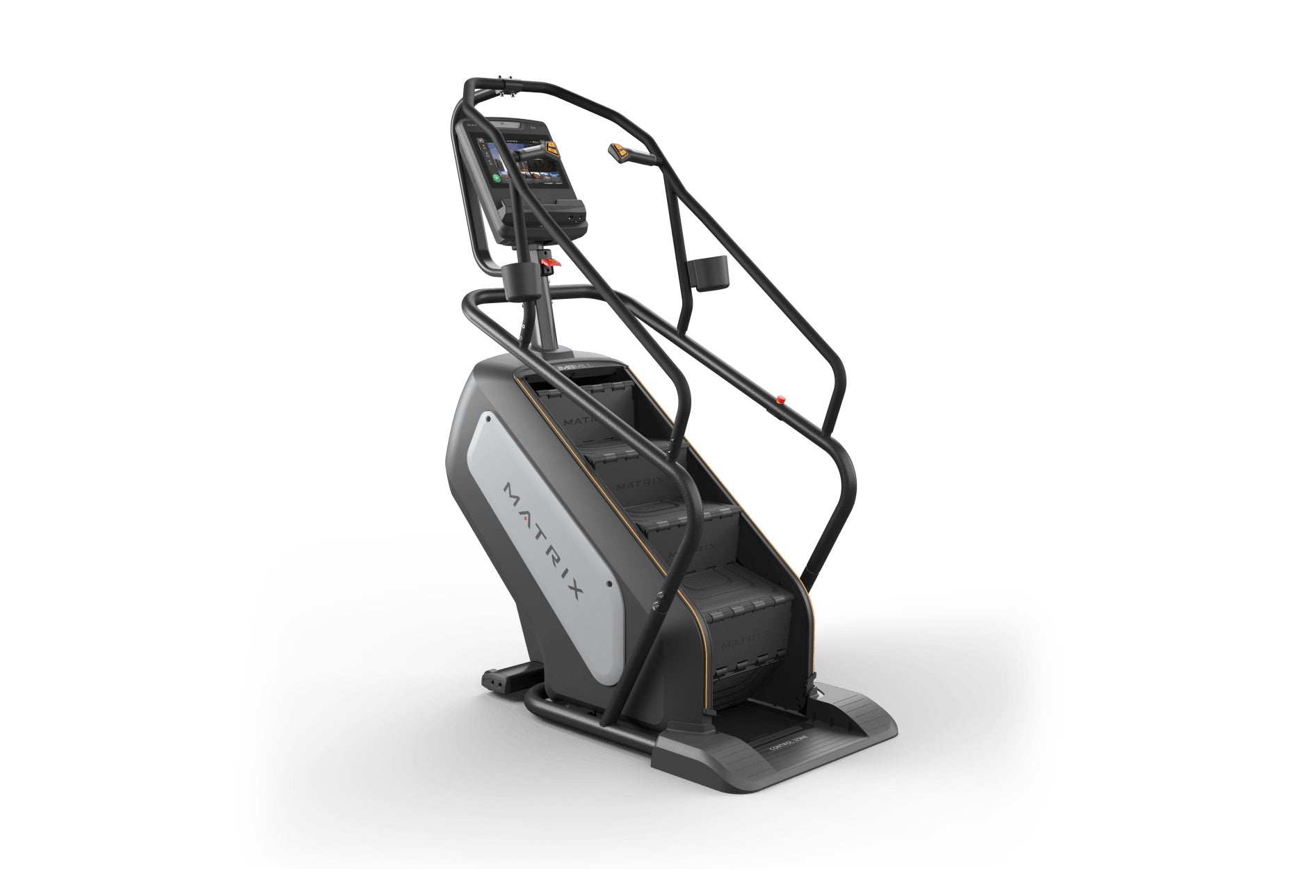 Matrix Performance ClimbMill stair climbing machine with digital display console, black frame, and gray accents on white back