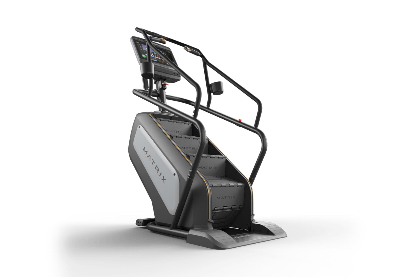 Matrix Performance ClimbMill stair climbing machine with black frame, gray accent panel, digital display console, and handleb