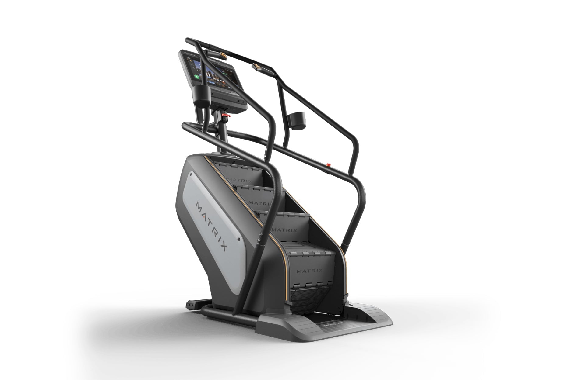 Matrix Performance ClimbMill stair climbing machine with black frame, gray accent panel, digital display console, and handleb