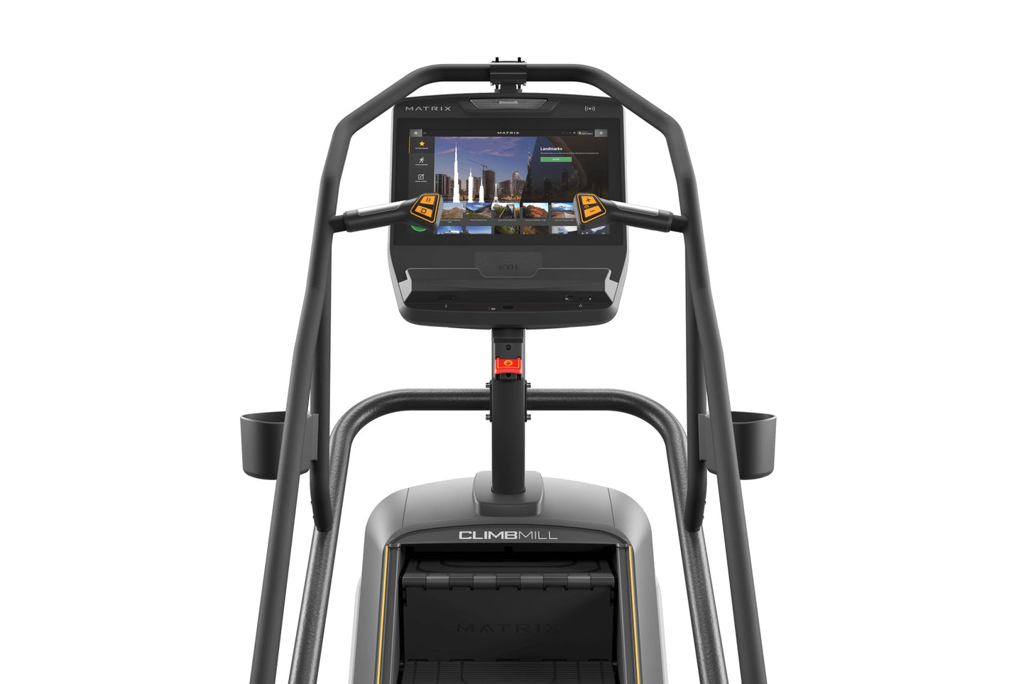 Black and gray Matrix ClimbMill with digital display showing city skyline, handrails, and footplate on white background