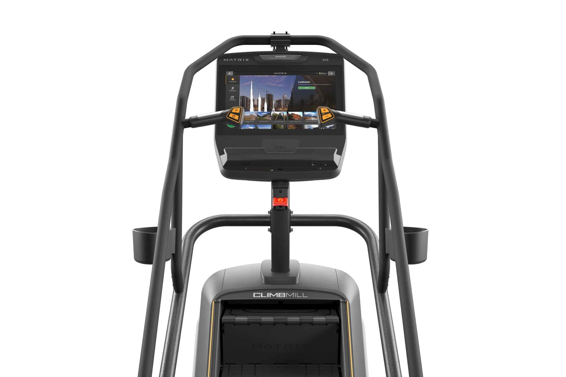 Black and gray Matrix ClimbMill with digital display showing city skyline, handrails, and footplate on white background
