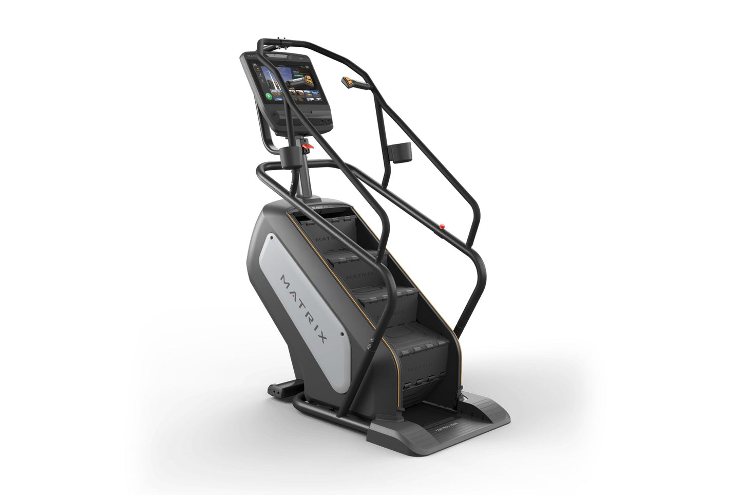 Matrix Performance ClimbMill with black frame, white side panel, digital touchscreen display, and dual handrails on white bac