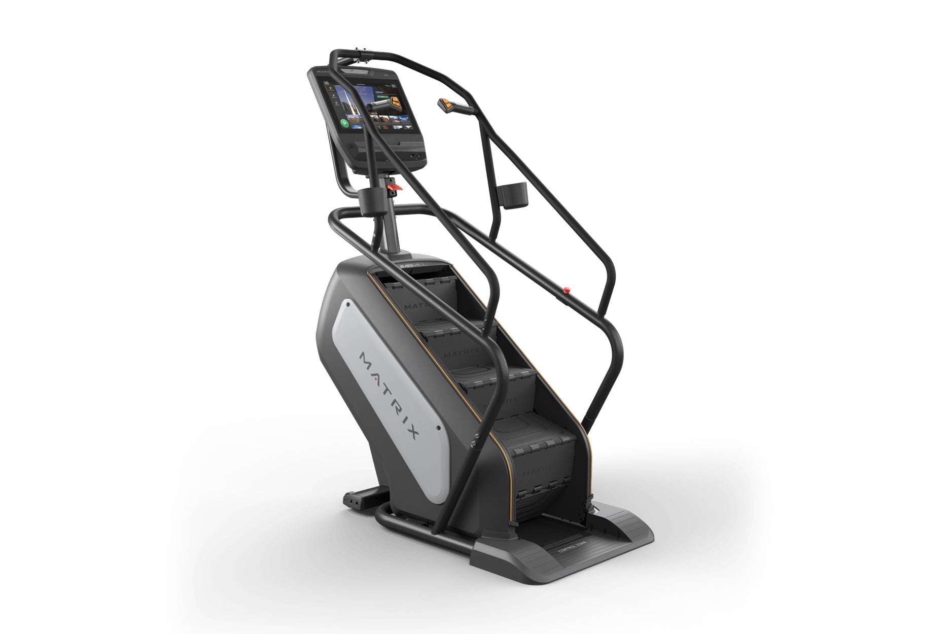 Matrix Performance ClimbMill with black frame, white side panel, digital touchscreen display, and dual handrails on white bac