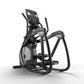 Black and gray elliptical machine with digital console display and dual handles on white background