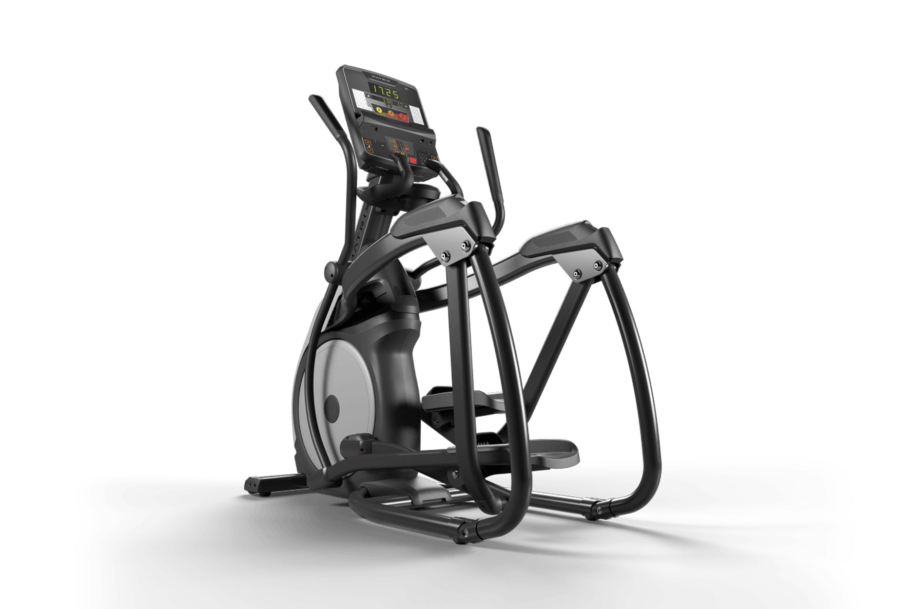 Black and gray elliptical machine with digital console display and dual handles on white background