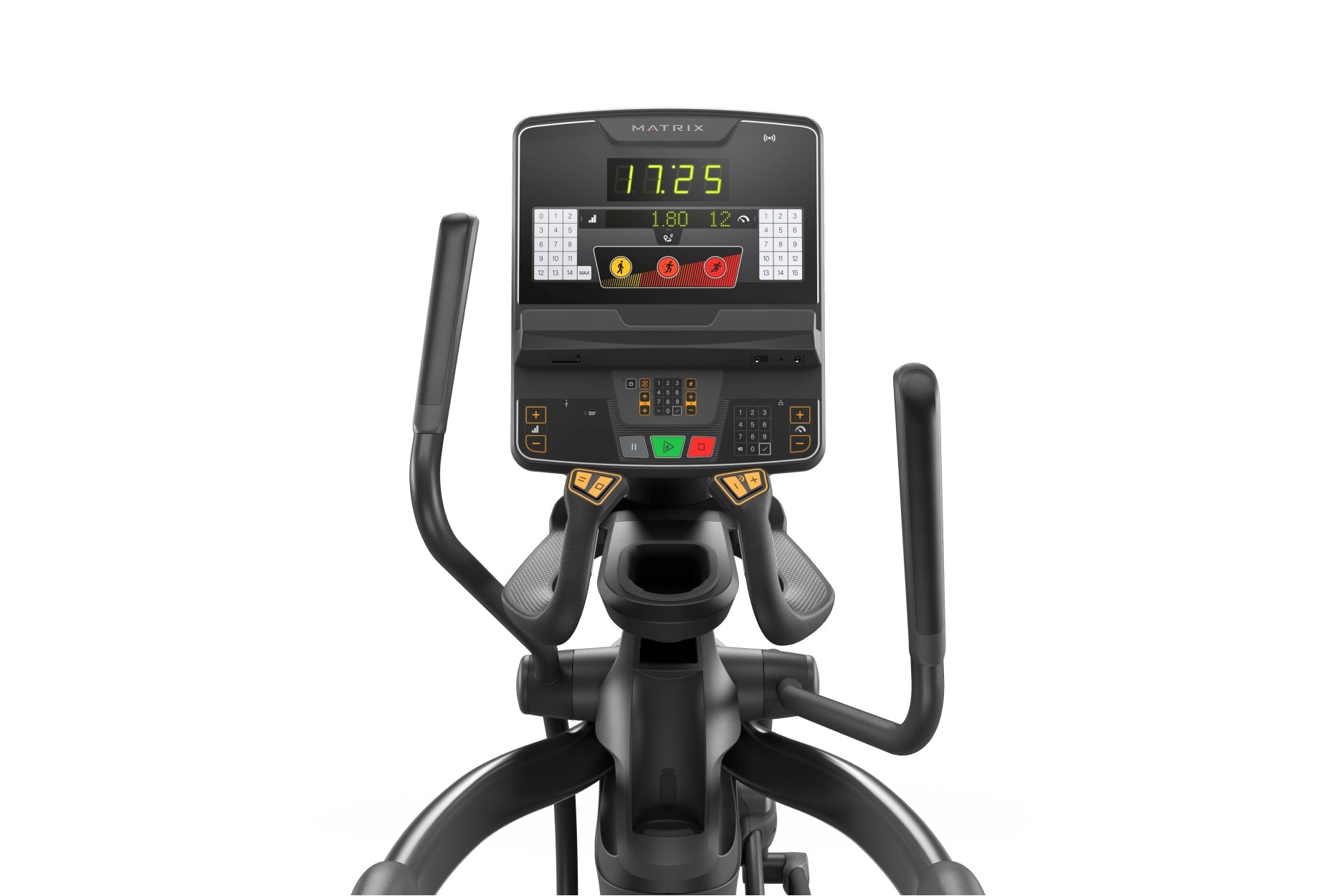 Matrix Performance Suspension Elliptical with digital display showing time and metrics, dual handlebars, and pedal base on wh