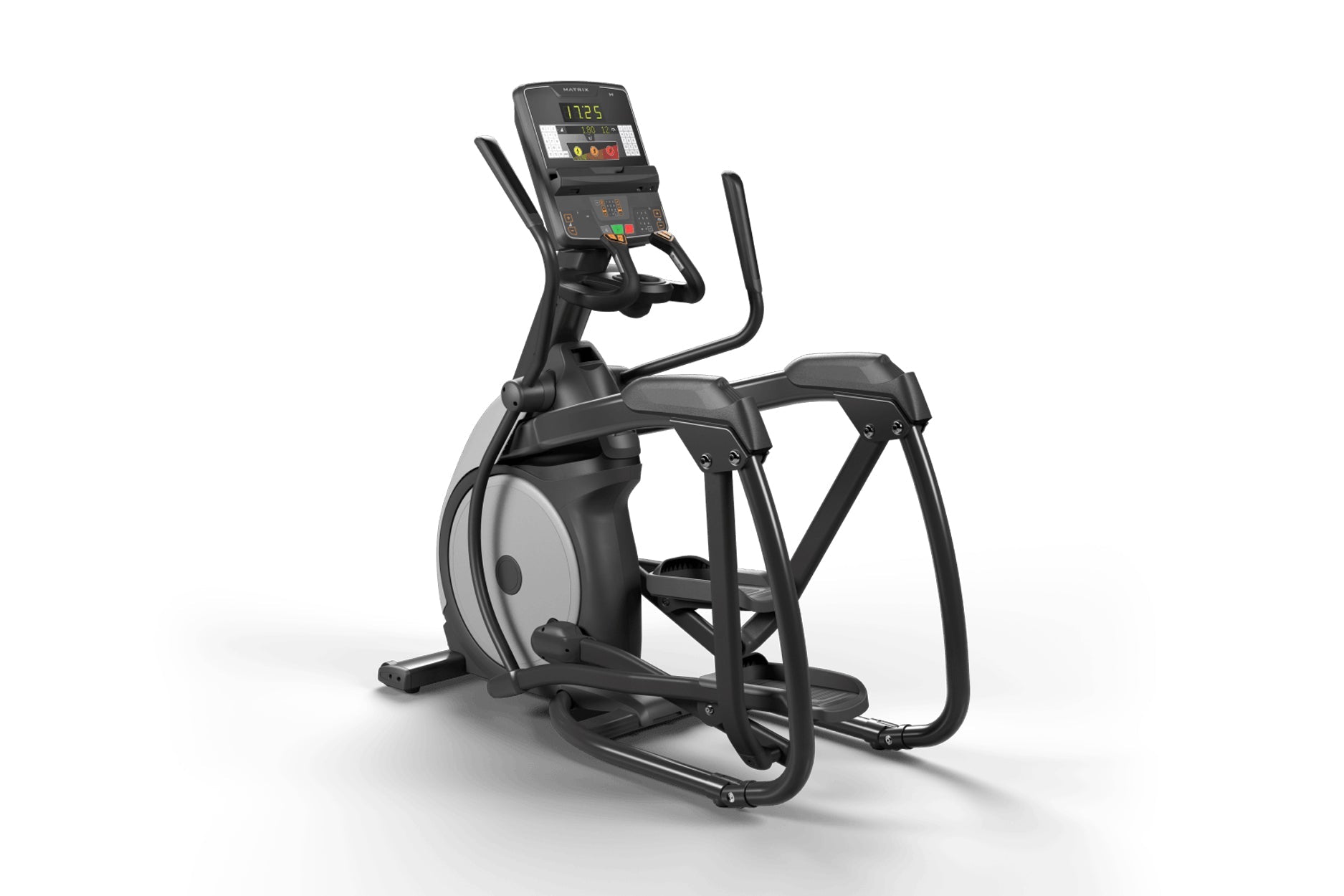 Black and gray elliptical machine with digital console display, dual handles, and foot pedals on white background