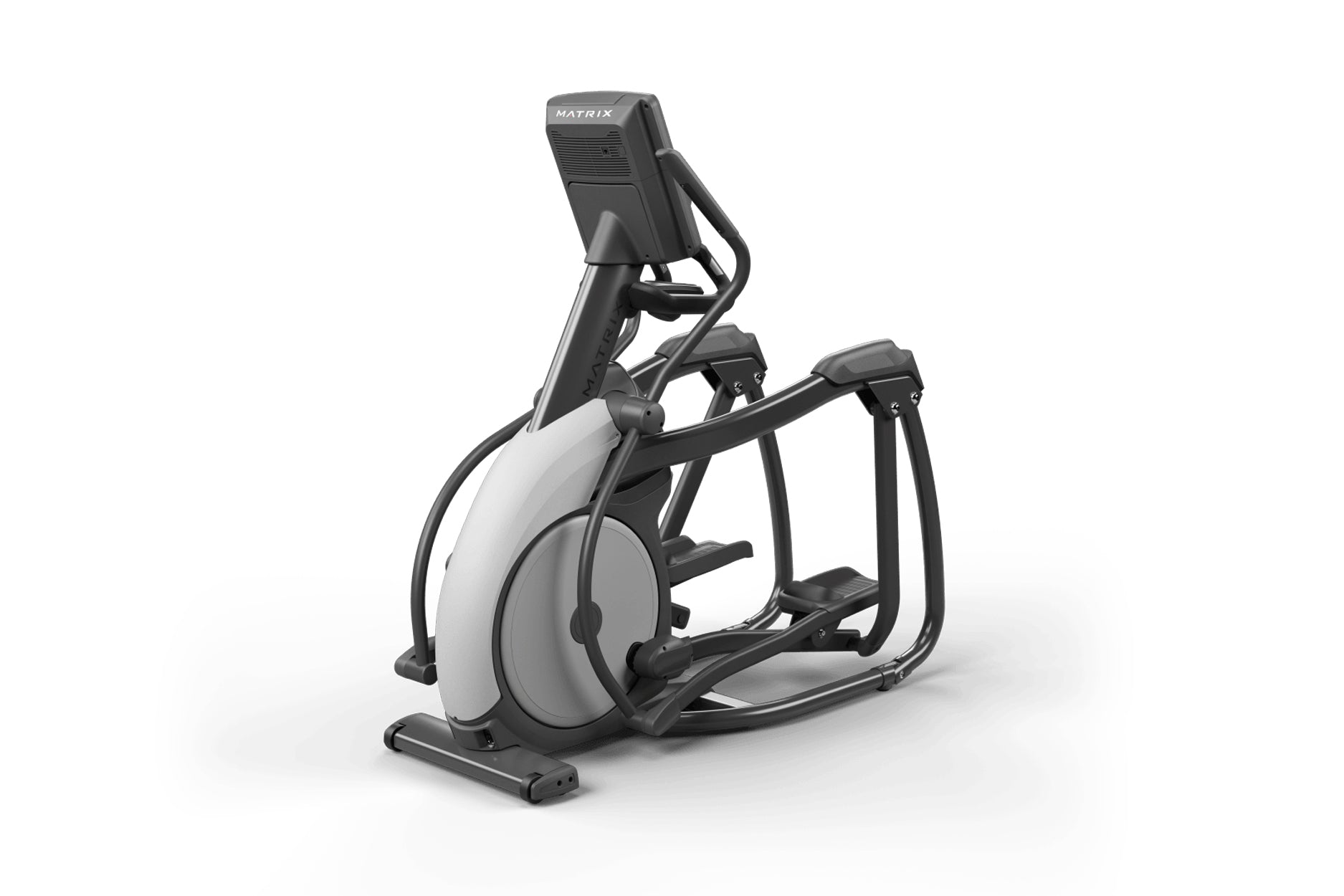Matrix Performance Suspension Elliptical with black frame, white flywheel, and digital console on white background