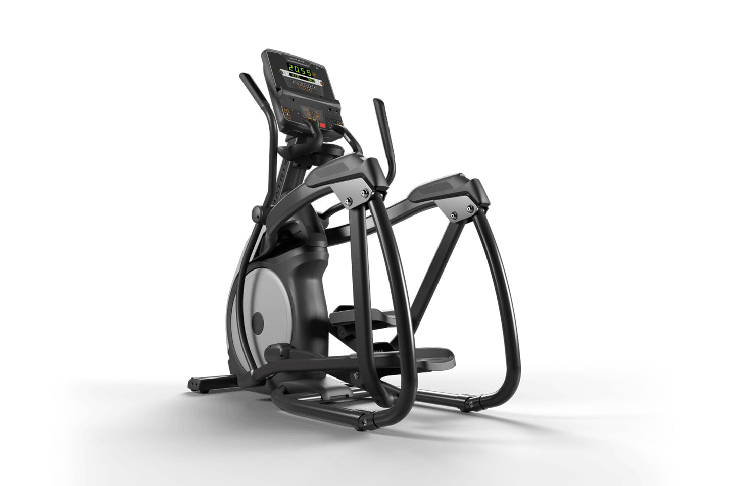Black and gray elliptical machine with digital display console and suspension pedals on white background