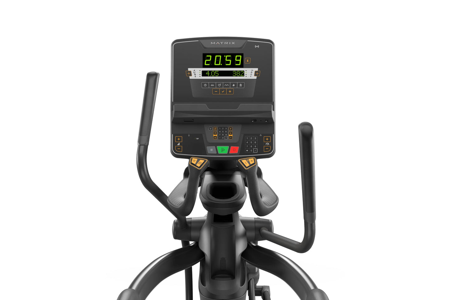 Matrix Progression Elliptical with black frame, gray foot pedals, dual moving handlebars, and digital display showing time an